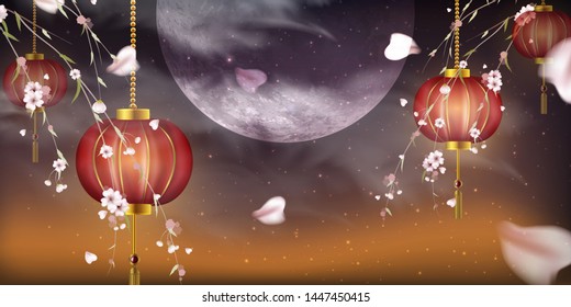 Happy Mid Autumn Festival design with full moon. Rabbits on night background with beautiful full moon. Vector illustration. template for greeting card, flyer, banner, invitation, congratulation. 