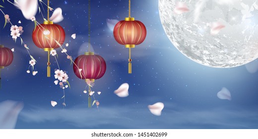 Happy Mid Autumn Festival design with full moon. Rabbits on night background with beautiful full moon. Vector illustration. template for greeting card, flyer, banner, invitation, congratulation. 