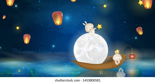 Happy Mid Autumn Festival design with full moon. Rabbits on night background with beautiful full moon. Vector illustration. template for greeting card, flyer, banner, invitation, congratulation. 