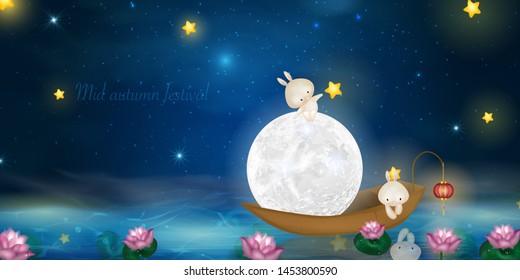 Happy Mid Autumn Festival design with full moon. Rabbits on night background with beautiful full moon. Vector illustration. template for greeting card, flyer, banner, invitation, congratulation. 