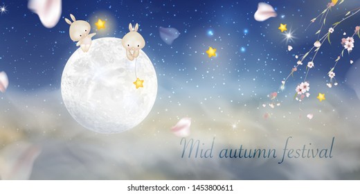 Happy Mid Autumn Festival design with full moon. Rabbits on night background with beautiful full moon. Vector illustration. template for greeting card, flyer, banner, invitation, congratulation. 