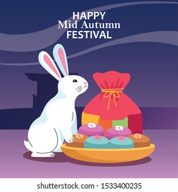 happy mid autumn festival design with cute rabbit and mooncakes over purple background. colorful design, vector illustration