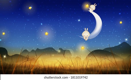 Happy Mid Autumn Festival design with full moon. Rabbits on night background with beautiful full moon. Vector illustration. template for greeting card, flyer, banner, invitation, congratulation. 