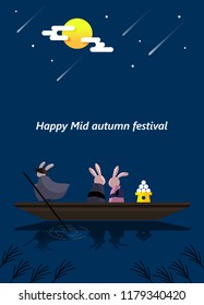 Happy Mid Autumn Festival with full moon and rabbit, vector illustration.