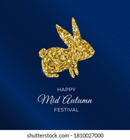 Happy Mid Autumn Festival. Gold glittering hare silhouette on dark blue background. Rabbit icon with sequins. Asian patterns. For card, invitation, poster, banner. Vector illustration.