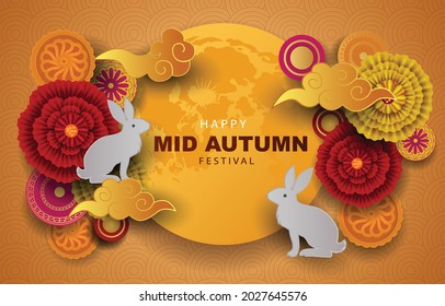 happy Mid Autumn Festival Greeting illustration in traditional Chinese art design, with rabbit silhouette and moon 