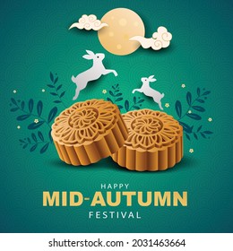 happy Mid Autumn Festival Greeting vector illustration in traditional Chinese art design with moon cake.