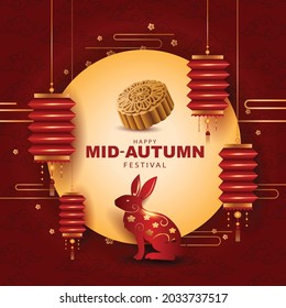 happy Mid Autumn Festival Greeting illustration in traditional Chinese art design, with lantern and moon.