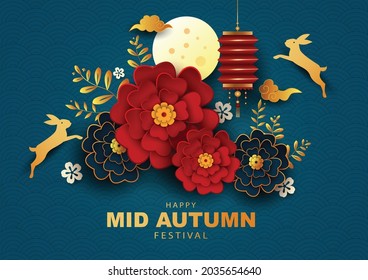 happy Mid Autumn Festival Greeting illustration in traditional Chinese art design, with flowers and pattern.