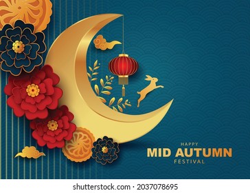 Happy Mid Autumn Festival Greeting Illustration In Traditional Chinese Art Design, With Flowers And Pattern.