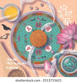 Feliz Festival de outono ilustração de arte humana. Tradução: (Título) Happy Mid Autumn Festival, (Louça) Boundless Longevity, (Mooncake) Mid Autumn