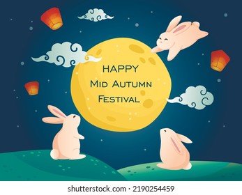 Happy Mid Autumn festival illustration banner. Cute rabbits watching the moon scenery at night.