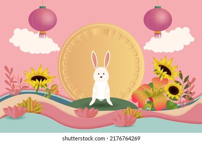 Happy mid autumn festival lovely paper art rabbit elements on pink background