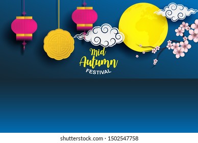 Happy Mid Autumn Festival. moon cake festival. Design with moon cake and cloud on blue night background ,paper art style background . vector.