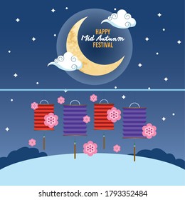 Happy mid autumn festival with moon and lanterns hanging vector illustration design