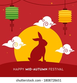 Happy Mid Autumn Festival Poster Design with Silhouette Bunny, Clouds and Hanging Chinese Lanterns Decorated on Red Background.