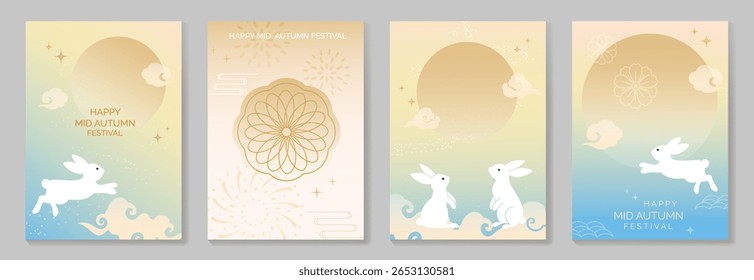 Happy mid autumn festival poster vector set. Wallpaper template with cute rabbit, moon, cloud, firework, flower, wave on light background. Illustration design for cover, banner, flyer, card, ads.