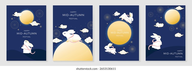 Feliz meados outono festival cartaz vetor set. Modelo de papel de parede com coelho bonito, lua cheia, fogos de artifício, nuvem no fundo azul. Design de ilustração para capa, banner, folheto, cartão, anúncios.