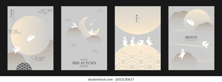 Happy mid autumn festival poster vector set. Wallpaper template with cute rabbit, moon, cloud, pattern on gray background. Illustration design for cover, banner, flyer, card, ads.