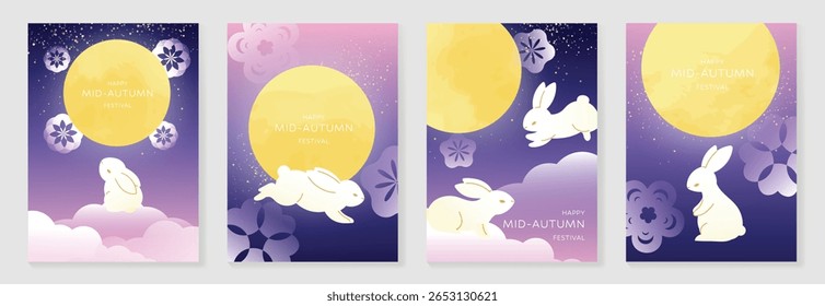 Feliz meados outono festival cartaz vetor set. Modelo de papel de parede com coelho bonito, lua cheia, flor, nuvem sobre fundo rosa e roxo. Design de ilustração para capa, banner, folheto, cartão, anúncios.