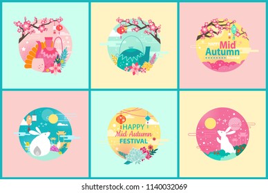 Happy mid autumn festival posters set. Teapot and cup ceremony of tea. Animal rabbit and Chinese typical architecture gates and sakura tree vector