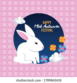 happy mid autumn festival with rabbit and flowers garden vector illustration design