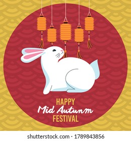 happy mid autumn festival with rabbit and lanterns hanging vector illustration design