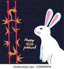 happy mid autumn festival with rabbit and bamboo plants vector illustration design