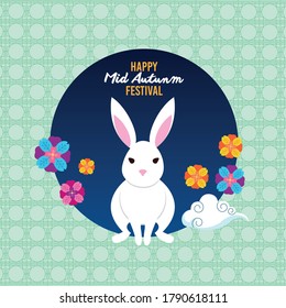 happy mid autumn festival with rabbit and flowers garden vector illustration design