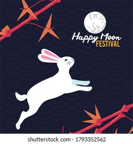 happy mid autumn festival with rabbit and bamboo plants vector illustration design