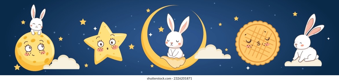 Happy Mid autumn festival with rabbit, cake and stars, vector illustration.