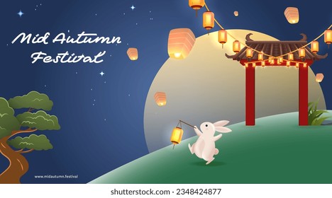 Happy Mid Autumn Festival with Red Chinese Temple, Rabbit, Mooncake and Flying Lantern Vector Illustration. 