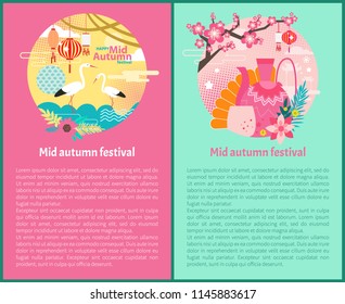 Happy mid autumn festival set with text. Teapot and cup with hot beverage tea ceremony. Storks and lanterns traditional elements isolated on vector