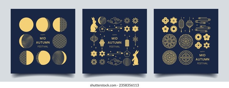 Happy Mid Autumn Festival. Set of banner with traditional chinese patterns, rabbits, flowers, lanterns, moon. Trendy modern design. Vector template for invitation, social media post, poster.