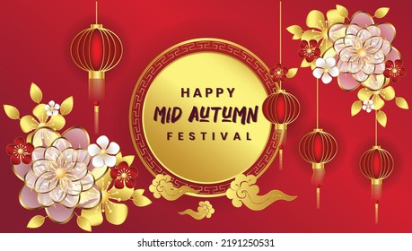 Happy mid autumn festival with sky lanterns and asian pattern vector illustration