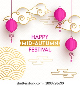 Happy Mid Autumn Festival Text with Hanging Pink Chinese Lanterns and Paper Cut Clouds on Overlapping Semi Circle Background.