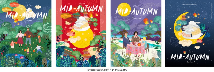 Happy сhinese mid autumn festival! Vector cute family illustrations nature: mother  father   children and lanterns celebrating holiday Drawings rabbits  moon  trees   clouds