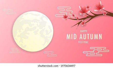 Happy Mid autumn festival vector of full moon and bunny with pink flowers on the branches , Vector Illustration EPS 10