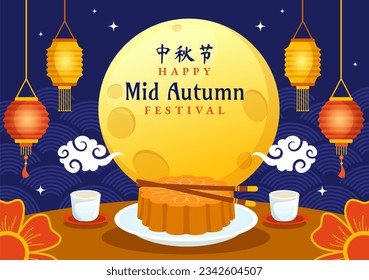 Happy Mid Autumn Festival Vector Illustration with Rabbits Carrying Lanterns and Enjoy Mooncake Celebrate on the Night of the Full Moon Templates 