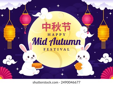 Happy Mid Autumn Festival Vector Illustration with Rabbits Carrying Lanterns and Mooncakes, Celebrating on the Night of the Full Moon in Background