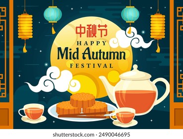 Happy Mid Autumn Festival Vector Illustration with Rabbits Carrying Lanterns and Mooncakes, Celebrating on the Night of the Full Moon in Background