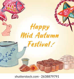 Happy Mid Autumn festival watercolor banner. Star and fish lanterns, tea, mooncakes, cute rabbits watercolor elements. Cute sweet pink background for decoration. Hand drawn textured wallpaper. 
