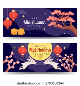 Happy mid autumn festival web banner design. Chinese celebration decorated with lantern, rabbit, moon cake, and moon. Flat style vector.