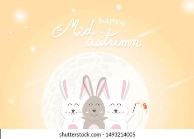 Happy mid autumn greeting card, full moon and stars on space, cute rabbit cartoon character poster invitation vector illustration