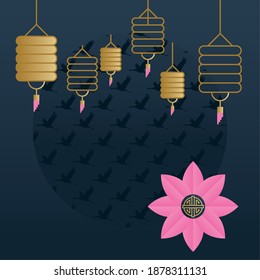 happy mid autumn harvest with flower and lanterns design, chinese festival theme Vector illustration