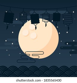 happy mid autumn harvest with moon stars and lanterns design, chinese festival theme Vector illustration