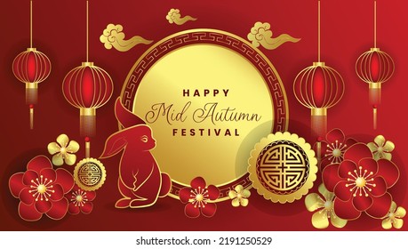Happy mid autumn vector. Chinese mid autumn festival with sky lanterns and asian pattern vector 