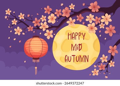 Happy mid-autumn festival. Card or banner for traditional Asian holiday. Shining full moon, red Chinese lantern and blossoming sakura branch, purple background.