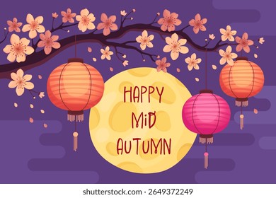 Happy mid-autumn festival. Card or banner for traditional Asian holiday. Shining full moon, red Chinese lanterns and blossoming sakura branch, purple background.