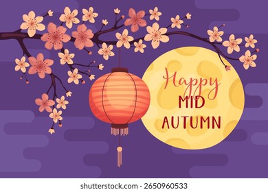 Feliz festival de outono. Cartão ou banner para feriado tradicional asiático. Brilhante lua cheia, lanterna chinesa vermelha e florescente ramo sakura, fundo roxo.
